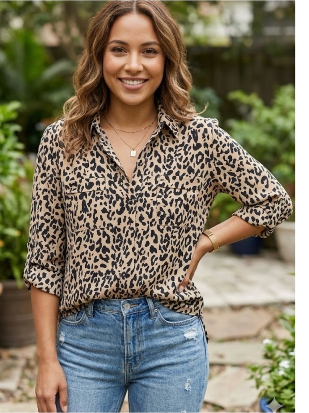 Aakaa Leopard Print Button-Down Shirt in Tan and Black